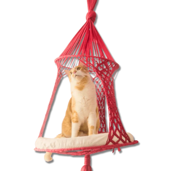 Cesta suspensa para gatos na cor rosa com almofada.