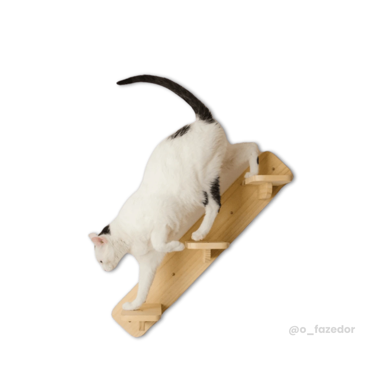 Escada de madeira natural para gatos, modelo ESC-3D-NAT, com um gato subindo.