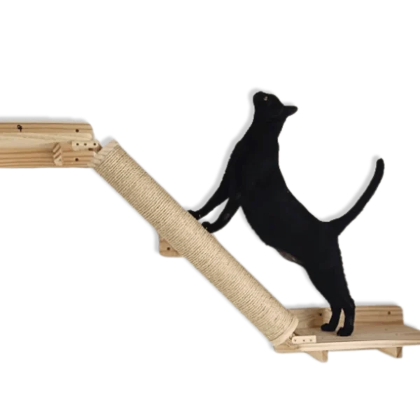 Arranhador em formato de rampa com base de madeira, ideal para gatos.
