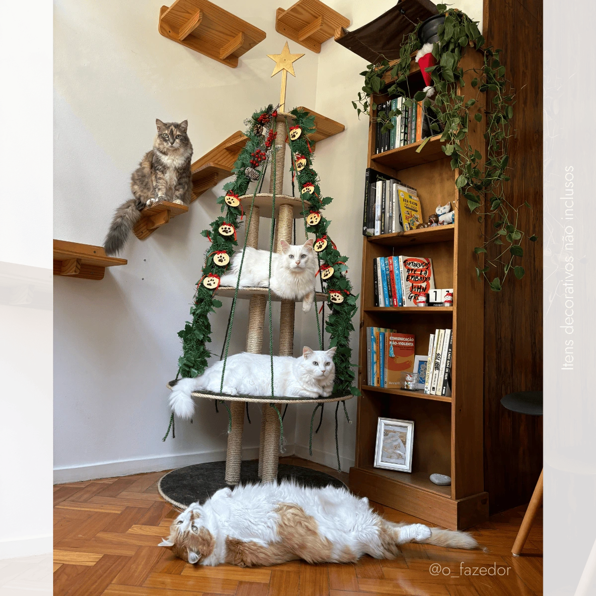 Árvore de gato da O Fazedor com três gatos brincando e descansando em diferentes níveis.