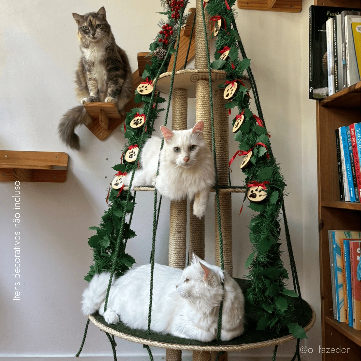Árvore para gatos com duas camas e decoração festiva, ideal para relaxamento de felinos.